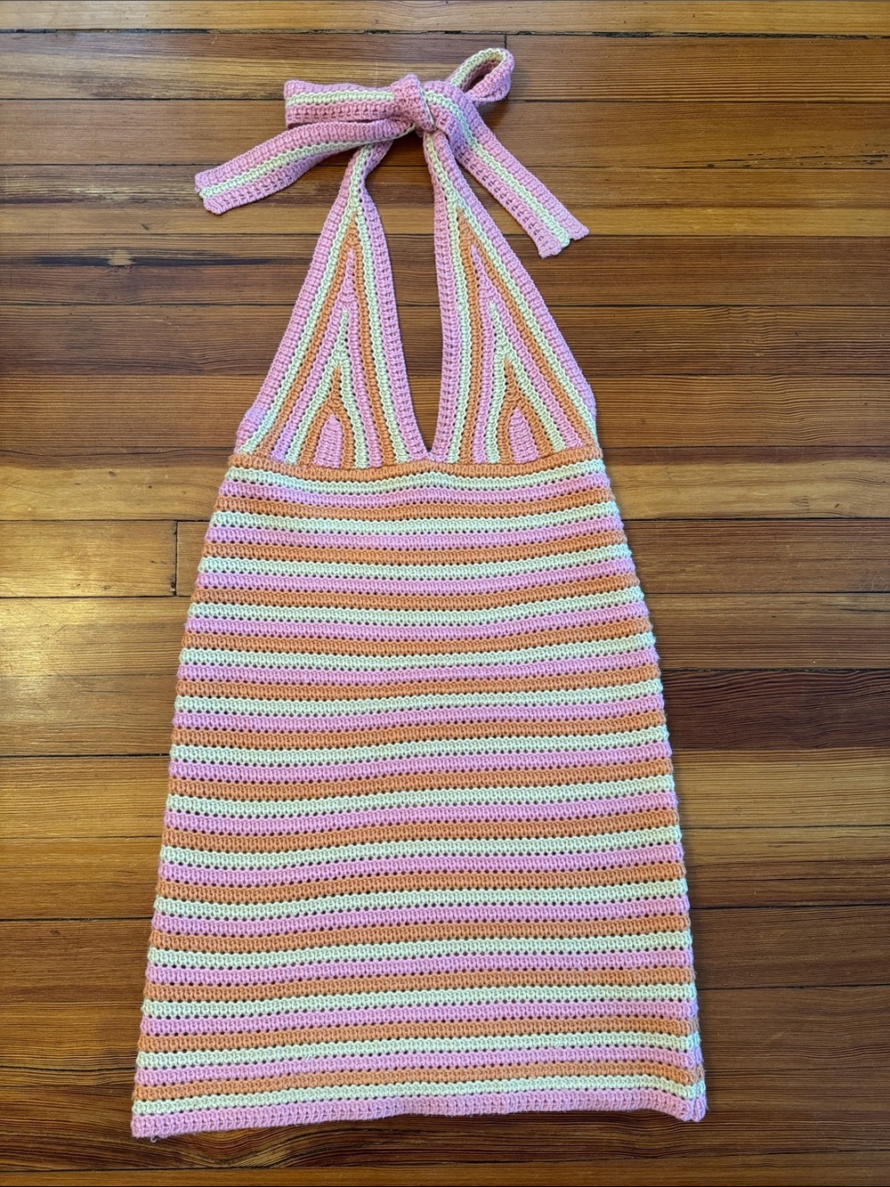 Crochet Stripe Halter Dress - Pink, Orange & White